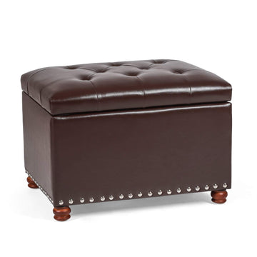 24'' Ottoman with Storage, Upholstered Storage Ottoman Stool, Faux Leather Small Cube Footstools, Hinged Foot Rest