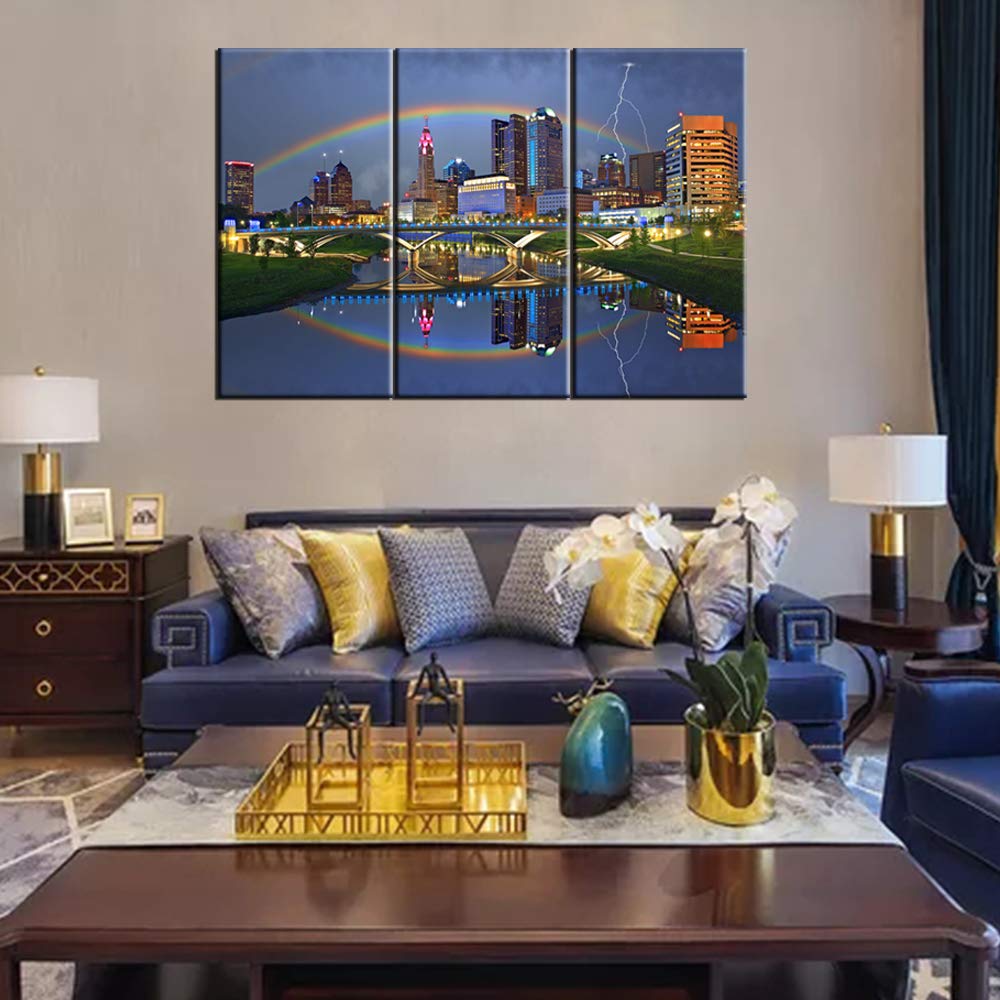 Wall Canvas Print Columbus Ohio Skyline with a Rainbow, Lightning Bolt, and City Lights Reflecting onto the Scioto