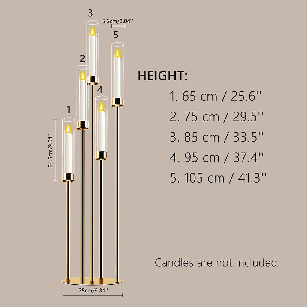Candelabra Gold Centerpiece 5 Arms Taper Candle Holder Gold Centerpiece with Acrylic Tubes for Table Decoration