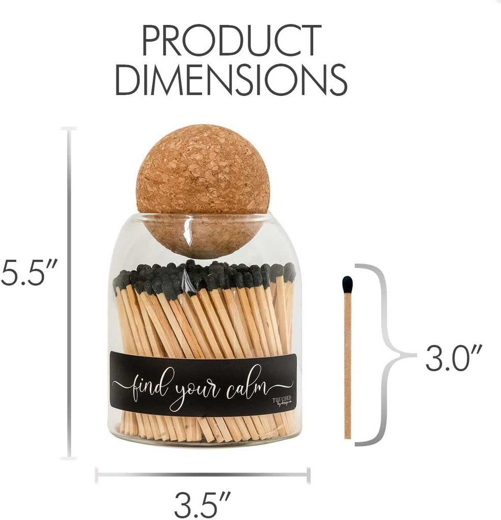 Find Your Calm Cute Glass Match jar Cloche | Approx 135 Decorative Wooden Black tip Matches for Candles & décor - Set of 135