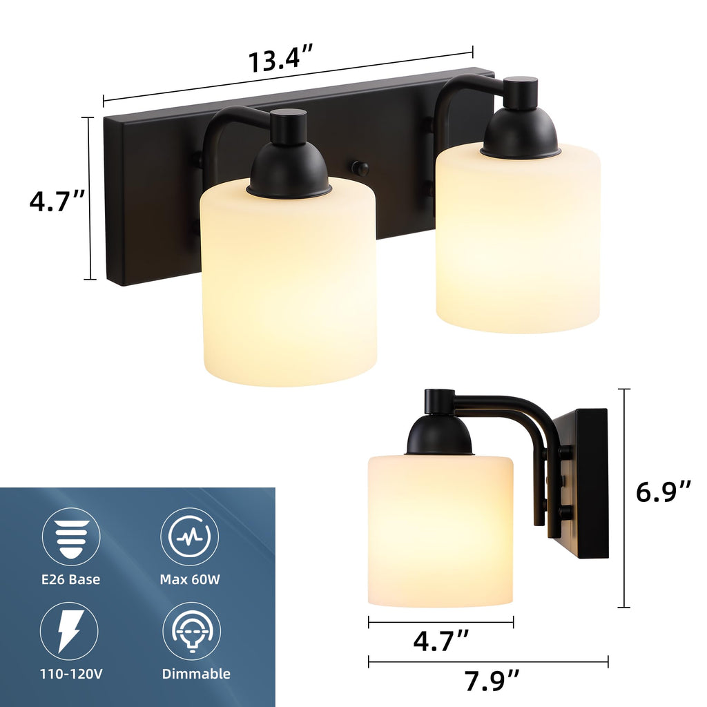 Milk Glass Vanity Lights, 2 Light Matte Black Bathroom Light Fixtures Over Mirror, Ceramic E26 Sockets Wall Mounted