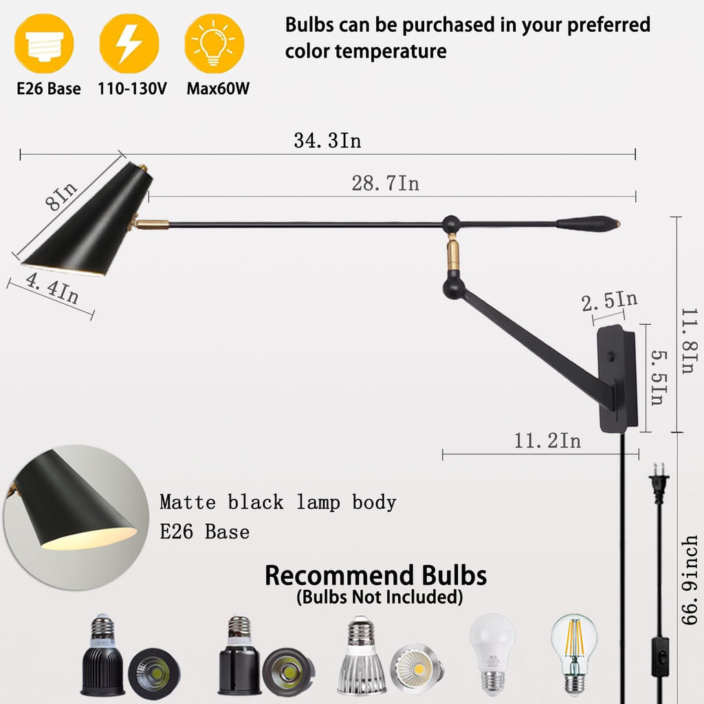 Adjustable Directional Plug in Swing Arm Wall Sconce, E26 Base
