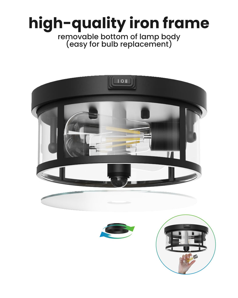 Outdoor Ceiling Light with Motion Sensor 9.3in - Porch Lights Outdoor, E26 Base, Flush Mount, 360° Detection, 3 Modes