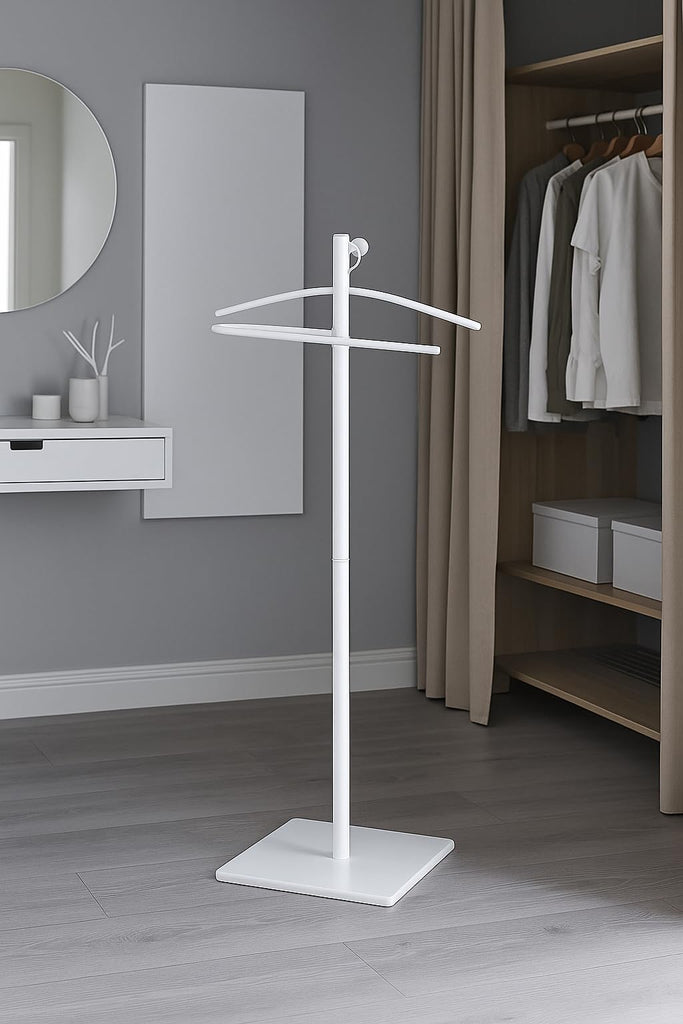 VL17242 Kumo Freestanding Metal Valet Stand Organizer with Removable Hanger, Trouser Bar, White, 11.5" W x