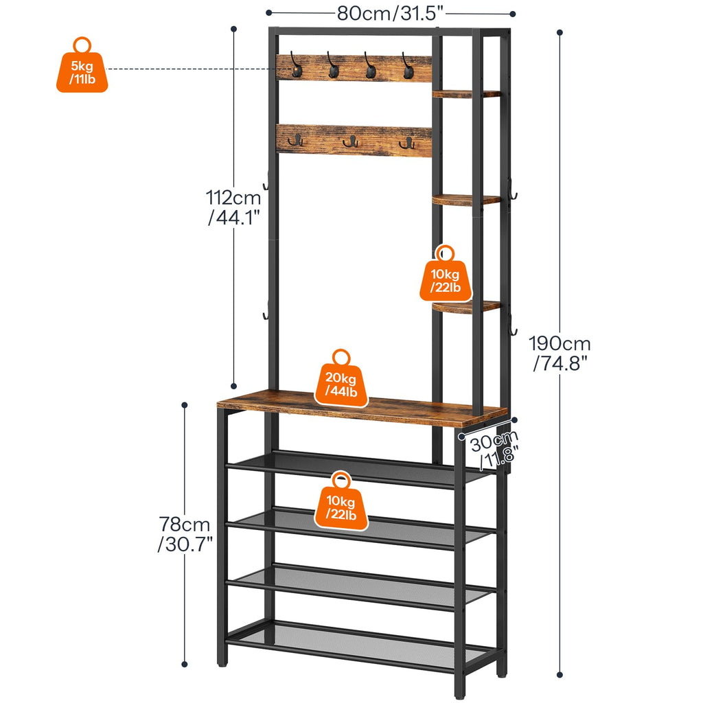 Hall Tree with Shoe Rack and Coat Hooks, Rustic Brown and Black