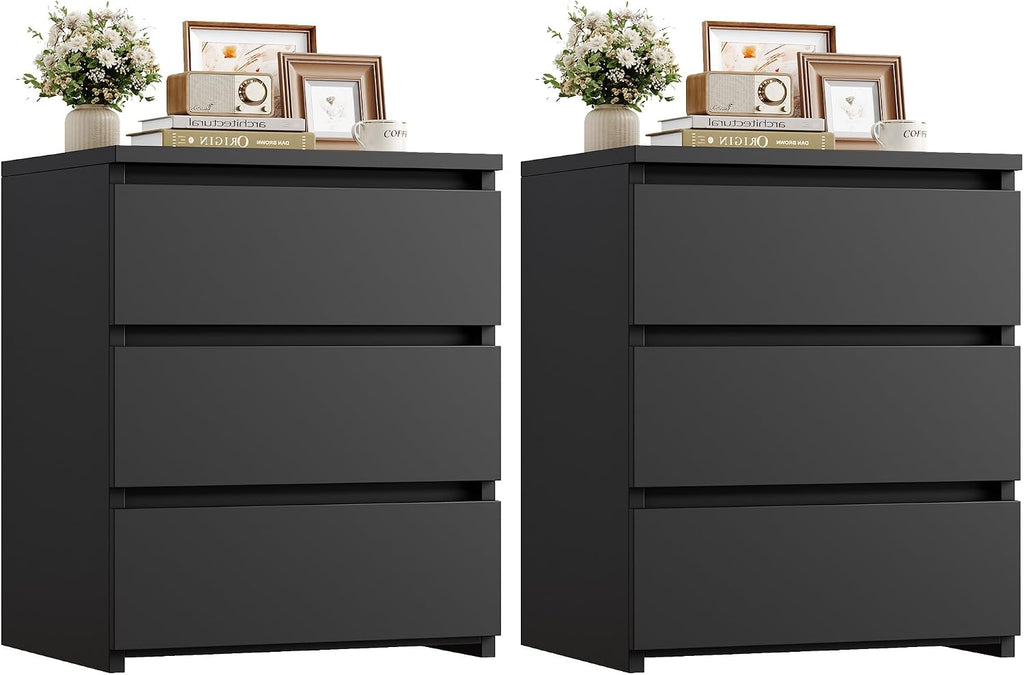 Nightstands Set of 2 with 3 Drawers, Black Nightstand Bedside Table Set of 2 , 17.7W*15D*21.7H Bedroom Night Stands