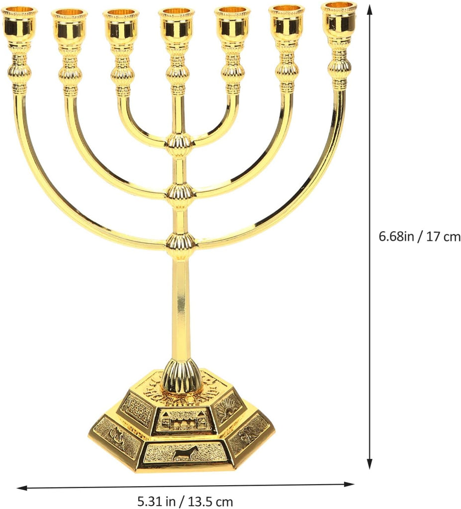 Israel 7-Branch Candle Holder - Golden Metal Candelabrum for Hanukkah, Jewish Decor, and Gifts - 6.68 X 5.31 X 2.55