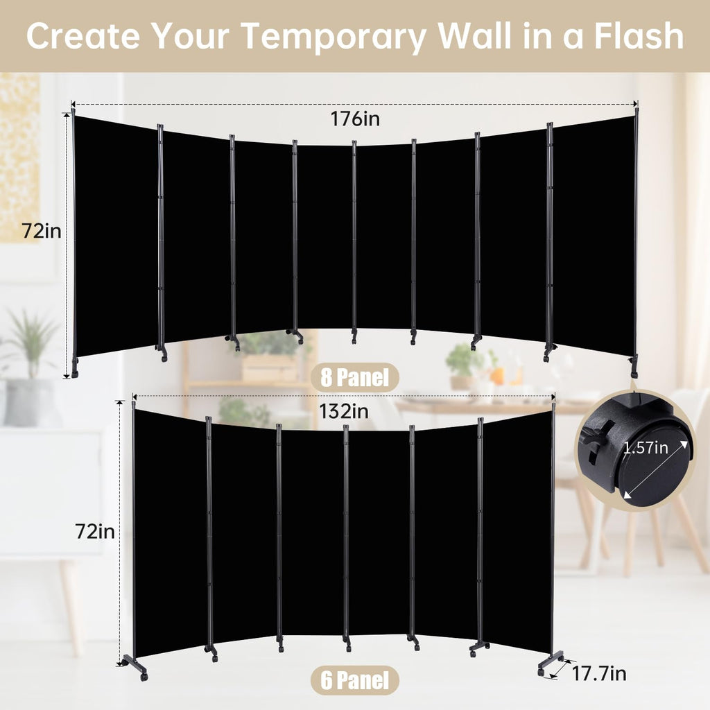 Room Divider Large 8 Panel Privacy Screen, Portable Room Partition on Wheels