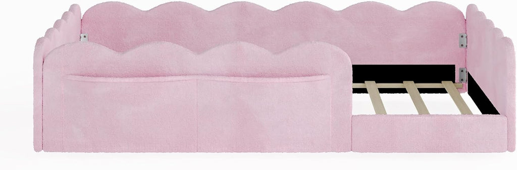 Upholstered Floor Bed with Guardrail, Montessori Kids Bed Frame with Round Fence, Pink