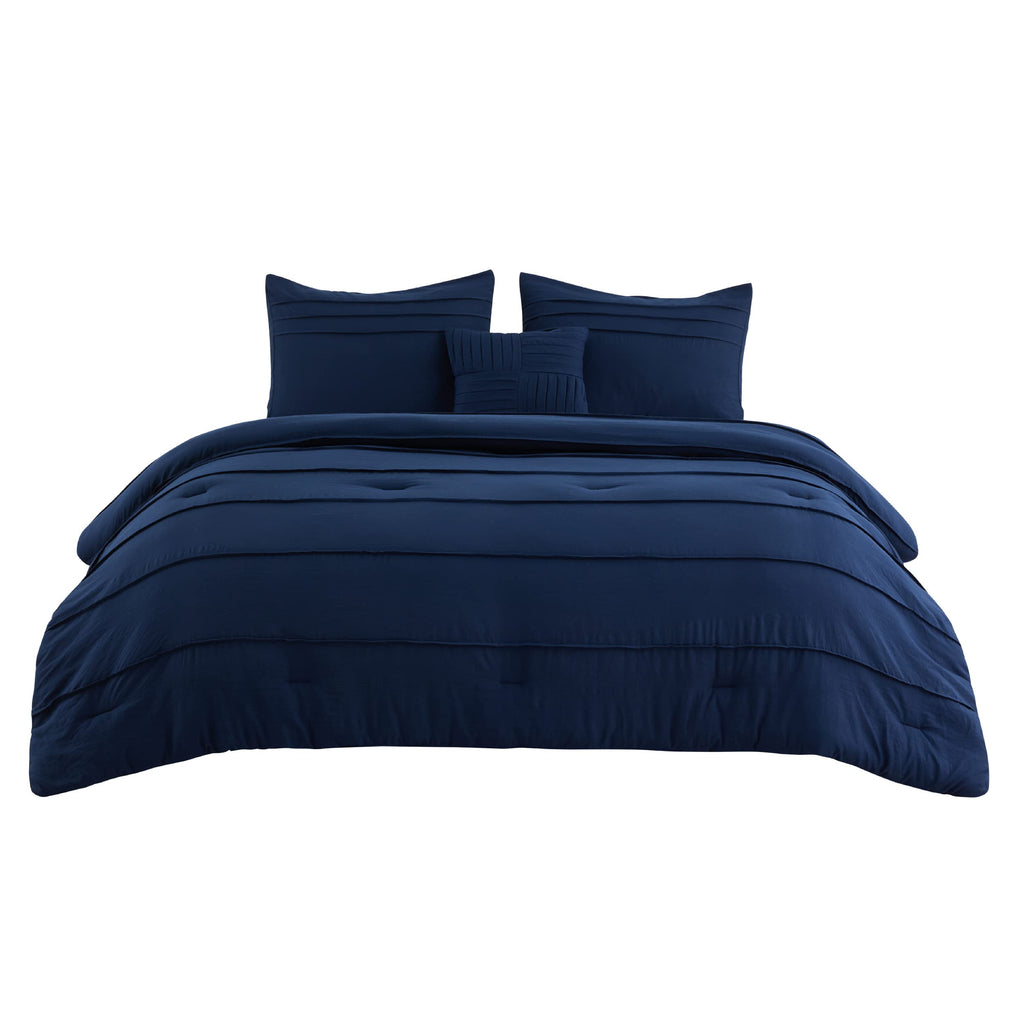 Comforter Set 4 Piece, Navy Boho, Pinch Pleat, All-Season
