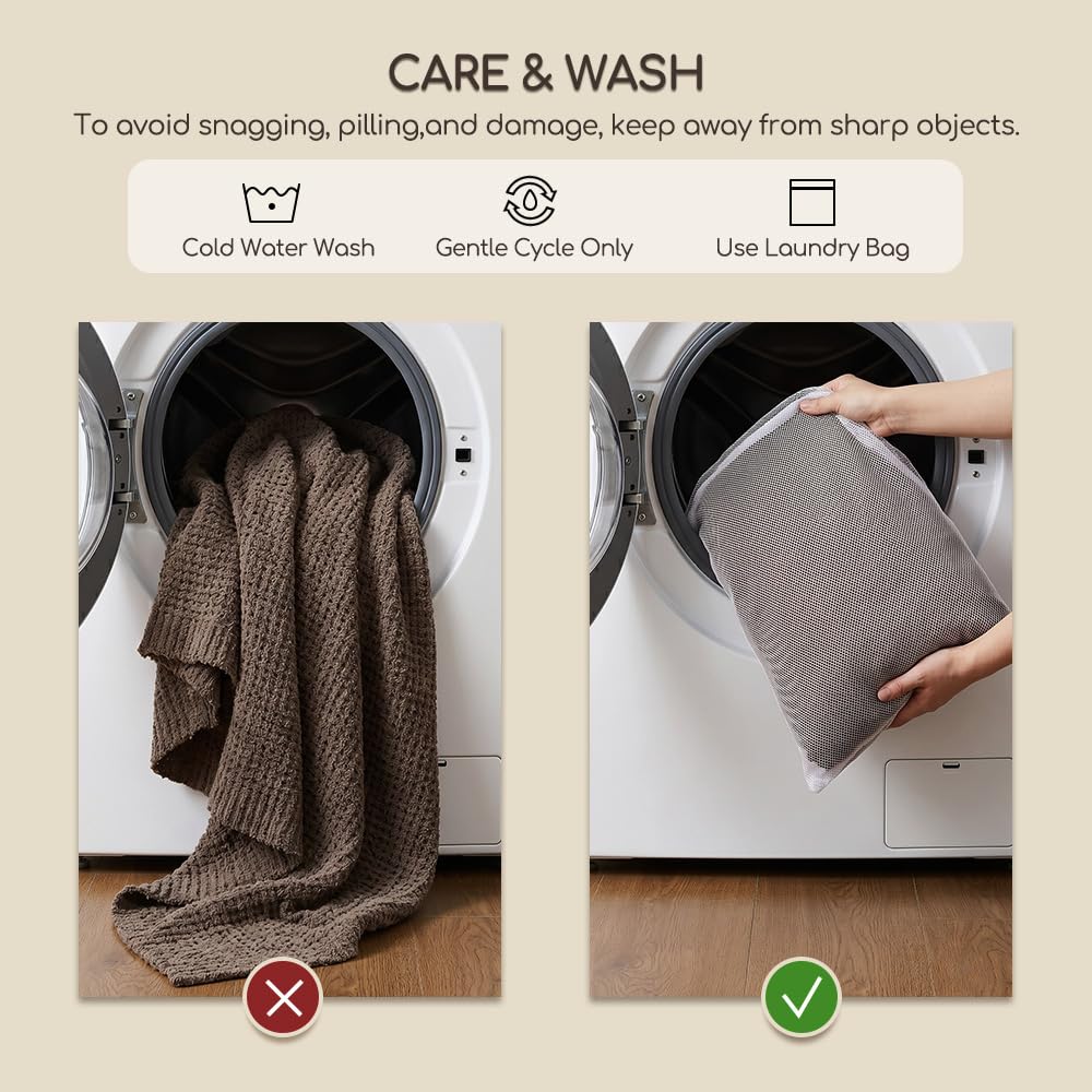 Taupe Waffle Throw Blanket for Couch Bed, Reversible Super Soft Plush Knitted Blanket, Lightweight Cozy Fuzzy Fluffy