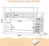 Low Bunk Bed Twin Over Twin with Storage Staircase, RGB LED Lights, Drawers & Shelves