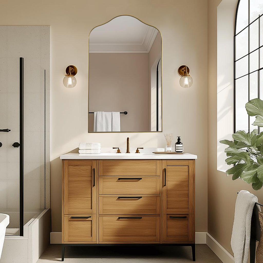 Brass Scalloped Arched Wall Mirror, 22x35 Brushed Gold Irregular Bathroom Mirror with Curved Design for Vanity