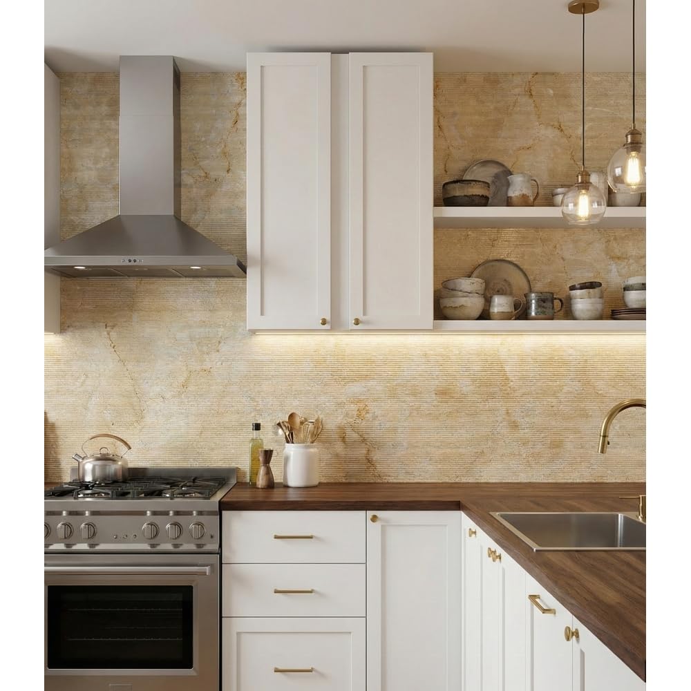 3D Fluted Natural Marble Tiles, 12 x 24 Inch, 4 Pieces, Gold Yellow Beige