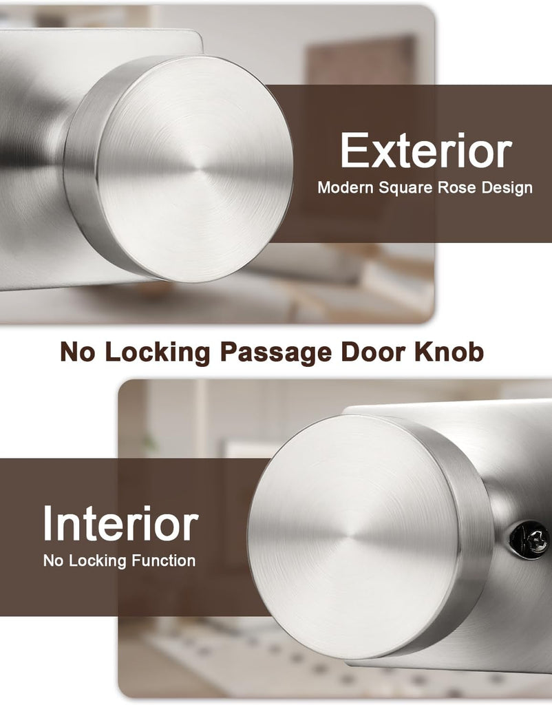 6 Pack Brushed Nickel Interior Passage Door Knob, Handle for Closet and Hallway Doors, Heavy Duty Square Non-Locking