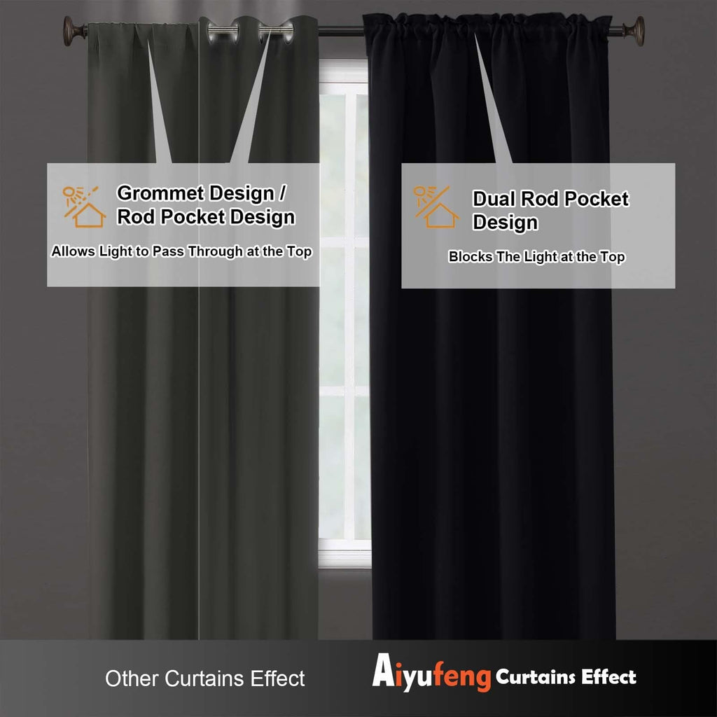 Black Blackout Long Curtains 96 Inch Length 2 Panels, Solid Thermal Insulated Energy Saving Living Room Farmhouse