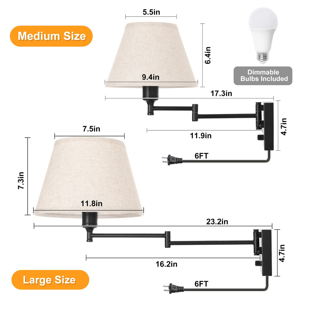 Wall Sconce Plug in, Remote Control Dimming 10-100% and Adjustable Color Temperature 2700K-6500K Swing Arm Wall