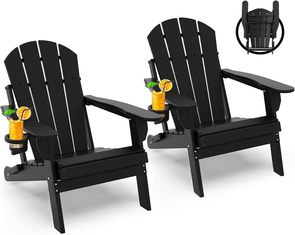 Folding-Adirondack-Chairs Set of 2, HDPE All Weather, Black | Hidden Cup Holder | 5" Wide Armrests | Foldable Fire
