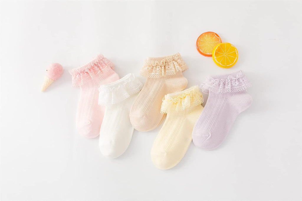 Toddler Girls Ruffle Lace Trim Cotton Socks Eyelet Frilly Dress Socks Pack
