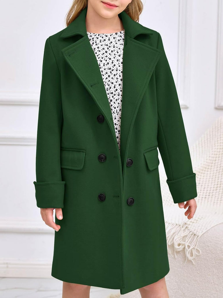 Girls Double Breasted Trench Coat Notch Lapel Long Peacoat