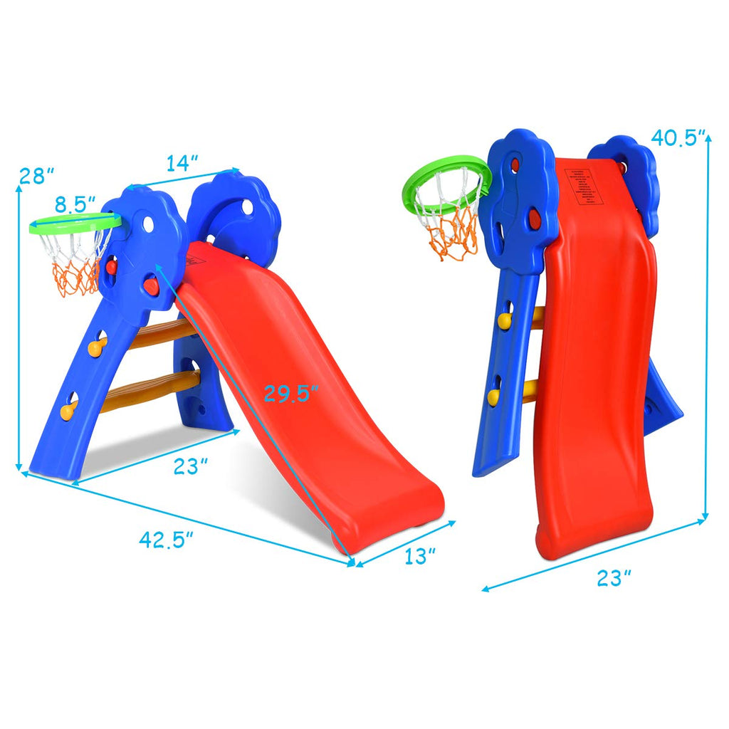 Folding Slide, Indoor First Slide Plastic Play Slide Climber Kids (Floral Rail +Basketball Hoop)