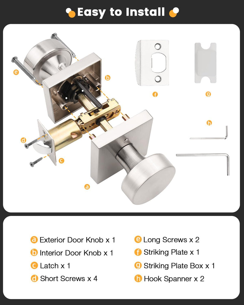 Brushed Nickel Passage Door Knobs with Square Rosette(6 Pack), Heavy Duty Closet Door Handles Without Lock, Door Knob