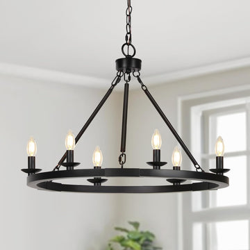 Inspired Camino Style Chandelier - Black Farmhouse Chandelier, 6-Light Wagon Wheel Chandelier with Adjustable Height, Dining Room Light Fixture, Hanging Lights for Kitchen Island, Living Room, Bedroom, Entryway, E12 Base A105-B0CHVBQMZT