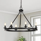 Black Farmhouse Chandelier, 6-Light Wagon Wheel Chandelier with Adjustable Height, Dining Room Light Fixture, Hanging Lights for Kitchen Island, Living Room, Bedroom, Entryway, E12 Base A105-B0CHVBQMZT