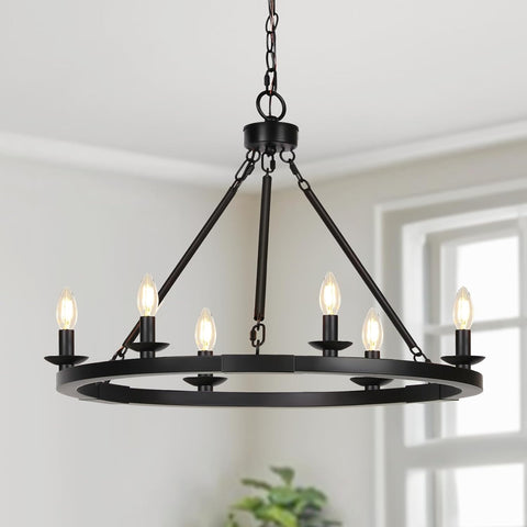 Black Farmhouse Chandelier, 6-Light Wagon Wheel Chandelier with Adjustable Height, Dining Room Light Fixture, Hanging Lights for Kitchen Island, Living Room, Bedroom, Entryway, E12 Base A105-B0CHVBQMZT