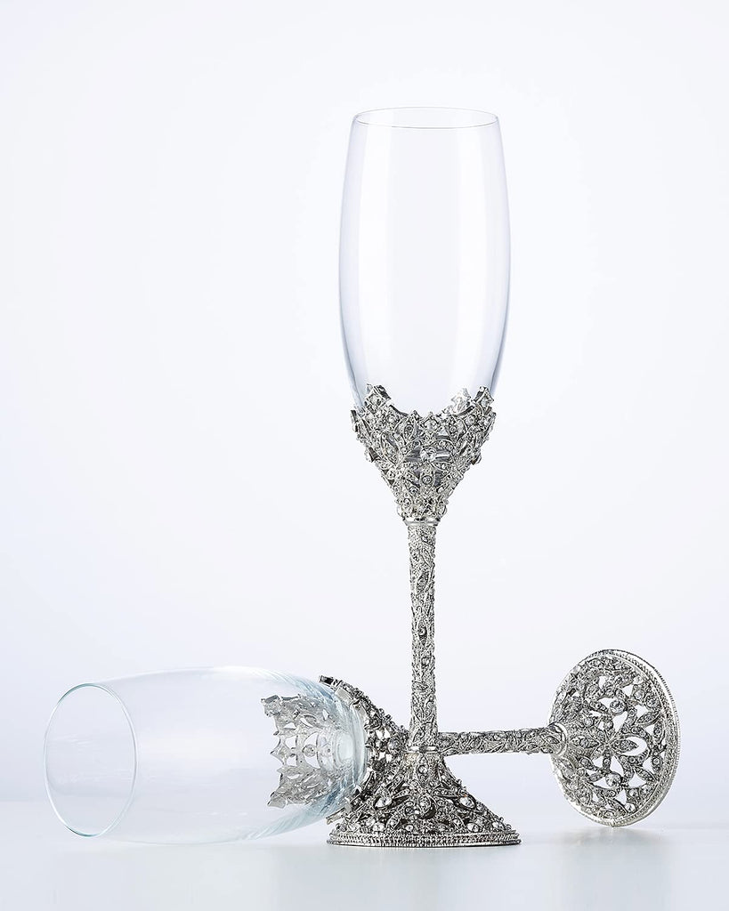 Champagne Flutes - Crystal Glass Metal Base With Crystal Stones, Set of 2 Toasting Flute Pair, Wedding Anniversary