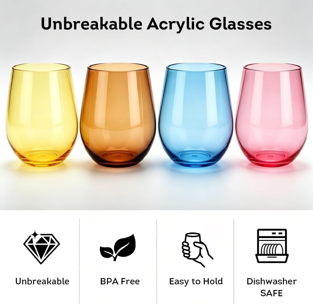 Unbreakable Poolside Acrylic Stemless Wine Glasses and Water Tumblers, Made of Shatterproof Plastic and Ideal and