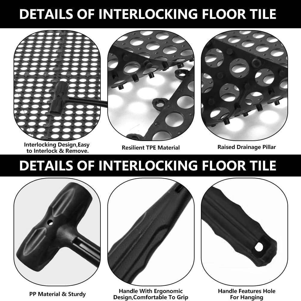 30 Pack Drainage Interlocking Tiles, 12"x12" Modular Interlocking Floor Tiles with 1 Pc Plastic Hammer Non Slip Rubber