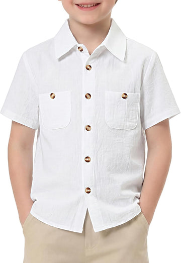 Boys Button Down Shirt Short Sleeve Summer Boys Dress Shirts Casual Cotton Collared Shirt with Pockets