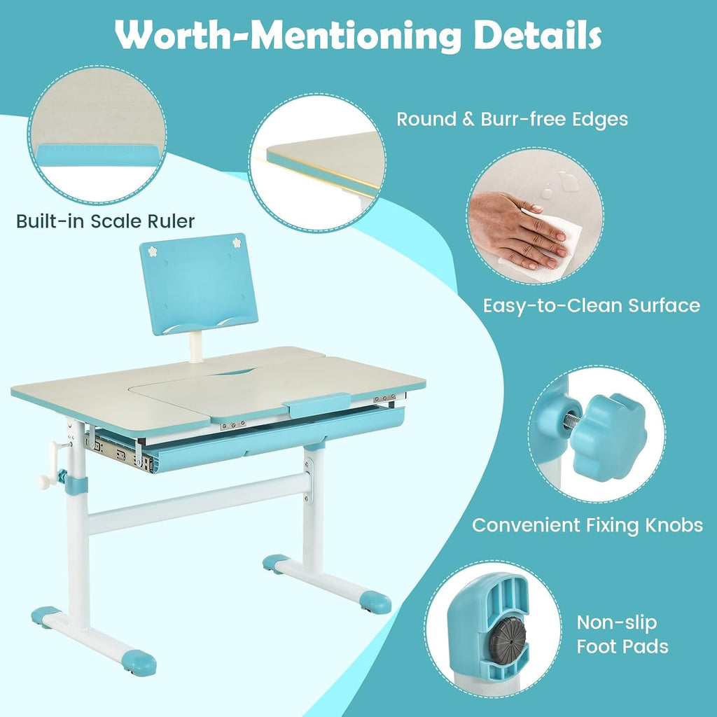 Kids Desk, Height Adjustable Children Study Table with Tiltable Desktop, Storage Drawer, Scale Ruler, Student
