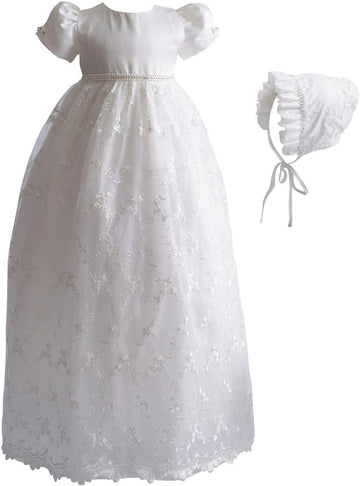 Baby Girls Floral Lace Empire Waist Organza Long Christening Gown Baptism Dress with Ruffle Bonnet