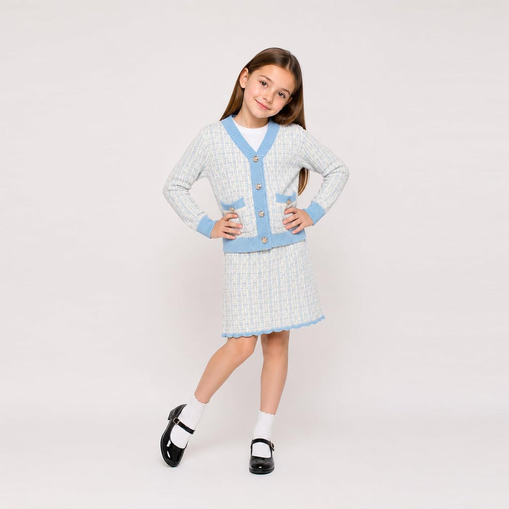 Cute Little Girls Ribbed Knit Cardigan Skirt Set School Style