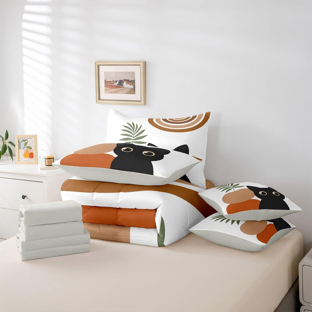 7 Pcs Kids Funny Cat Bedding Set Boho Mid Century Comforter Set with Sheets Twin Size Modern Minimalism Animals Bed