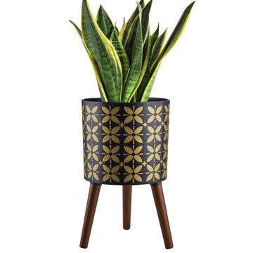 10 Inch Plant Pot with Stand, Planter for Indoor Plant Mid-Century with Drainage Holes for Outdoor, Black and Gold