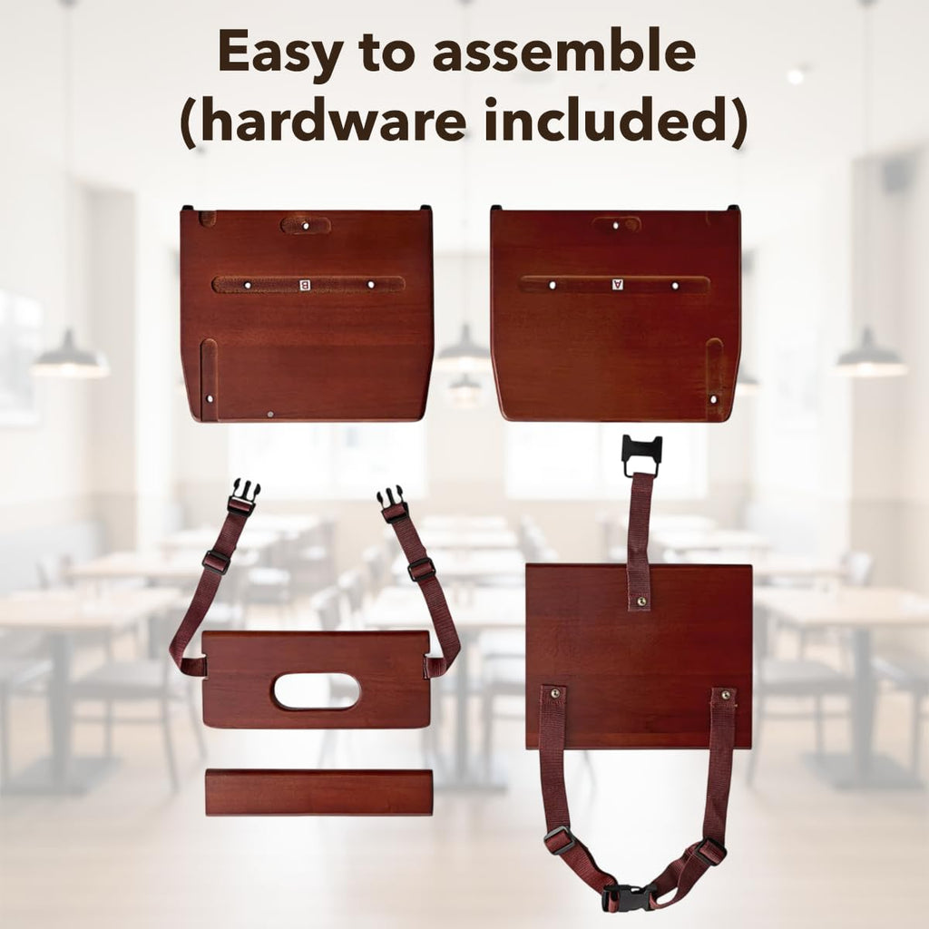 Unassembled Wooden Booster Seat with Mahogany Finish - Rubberwood Construction, 3-Point Harness, Chair Strap
