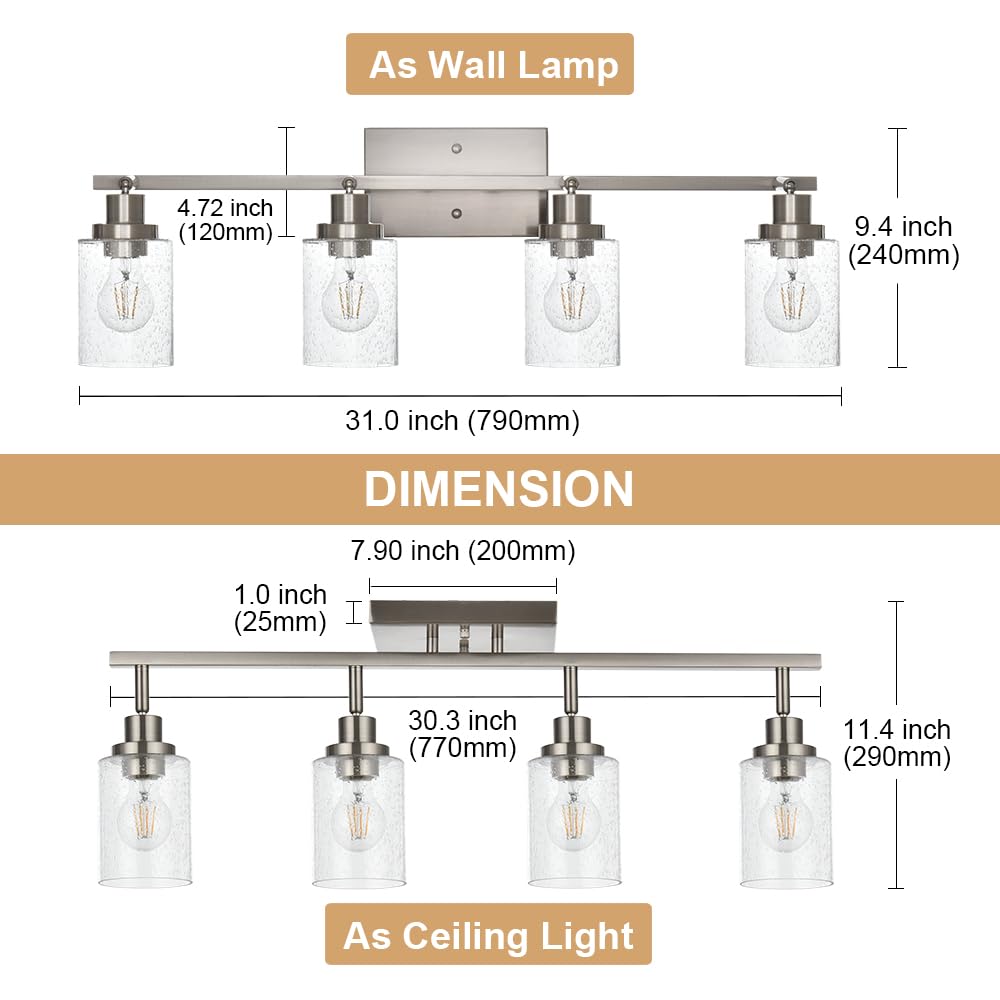 4-Light Track Lighting Fixtures, Rotatable Track Head Bathroom Vanity Light Ceiling Spotlight Brushed Nickel, Seeded