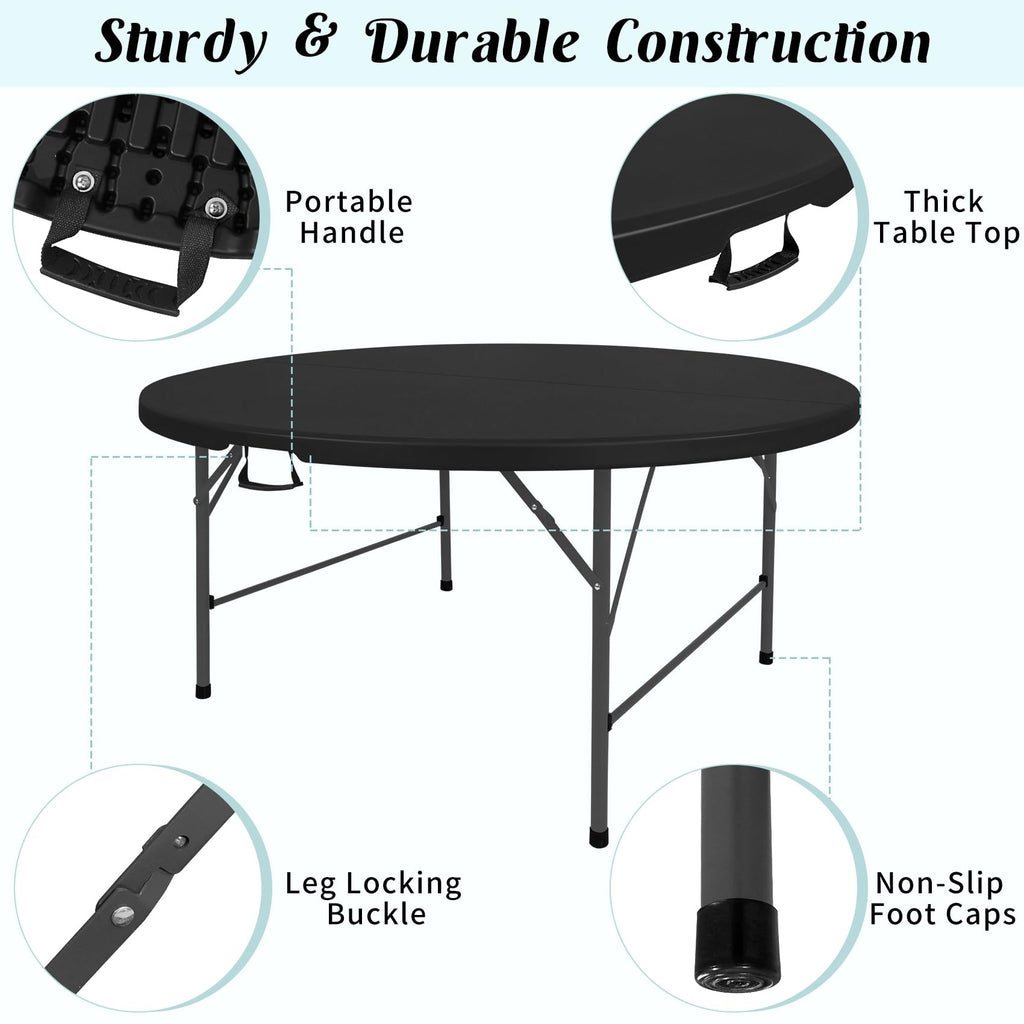 5 FT Round Folding Tables Black Foldable Table, Fold-in-Half with Carrying Handle Portable Plastic Table for Party