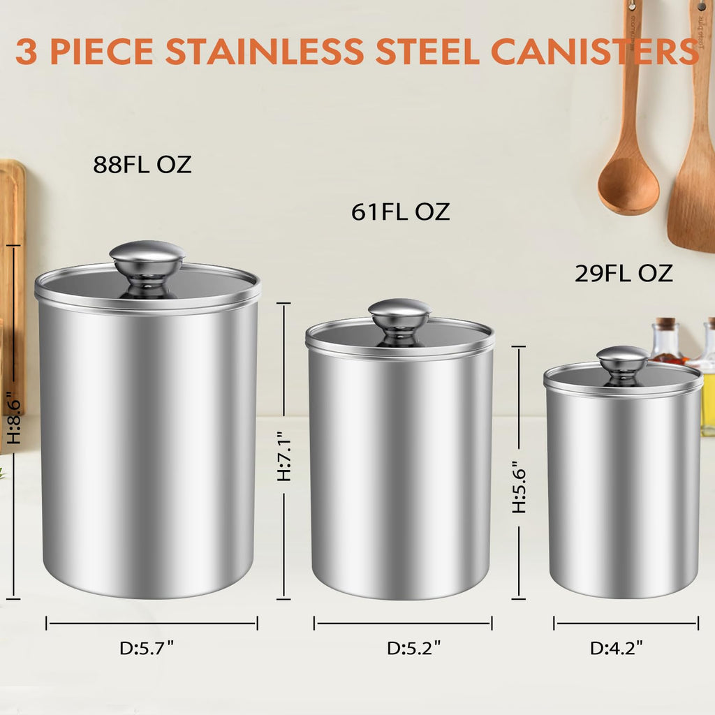 3-Piece Stainless Steel Food Storage Canister Set with Clear Lid