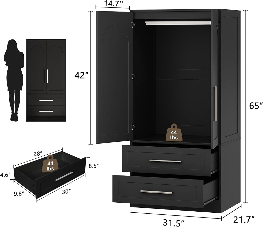 Wooden Armoire Wardrobe Closet with 2 Doors and 2 Drawers,Freestanding Armoire Storage Cabinet with Shelves,Tall