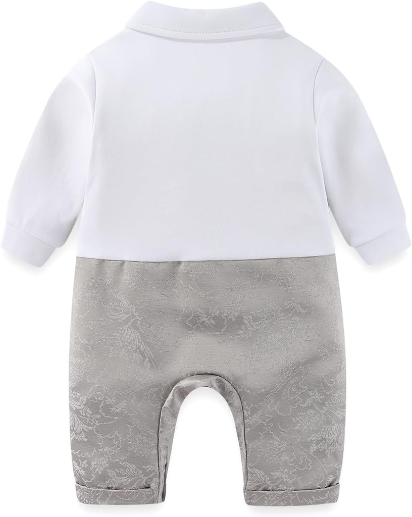 Newborn Baby Boy Gentleman Tuxedo Romper One Piece Long Sleeve Bowtie Outfit Formal Wear Clothes Suit