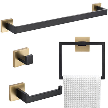 Bathroom Towel Bar Holder Sets Black and Gold 4-Piece Bathroom Hardware Set Stainless Steel Bath Accessories Kit.