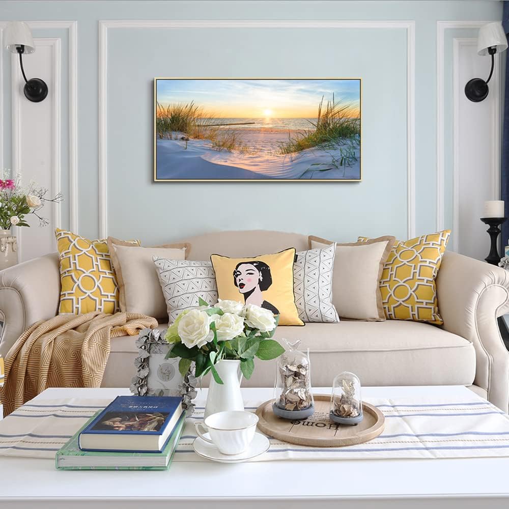 Framed Wall Art Modern Wall Decor Beach Landscapes Painting Coastal Picture Ocean Sunset Artwork for Walls Canvas
