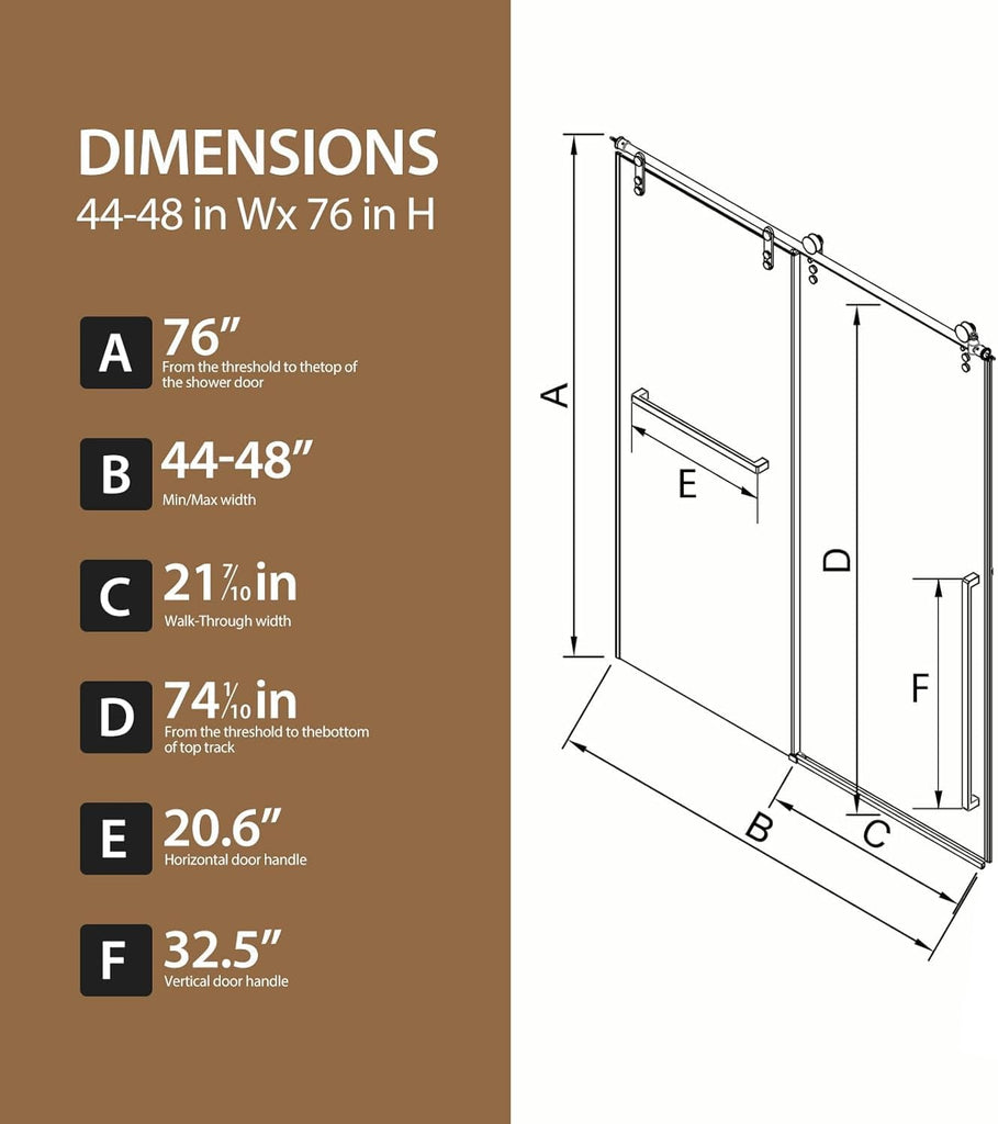 Shower Doors, 44-48" W x 76" H Stainless Steel Sliding Glass Shower Door