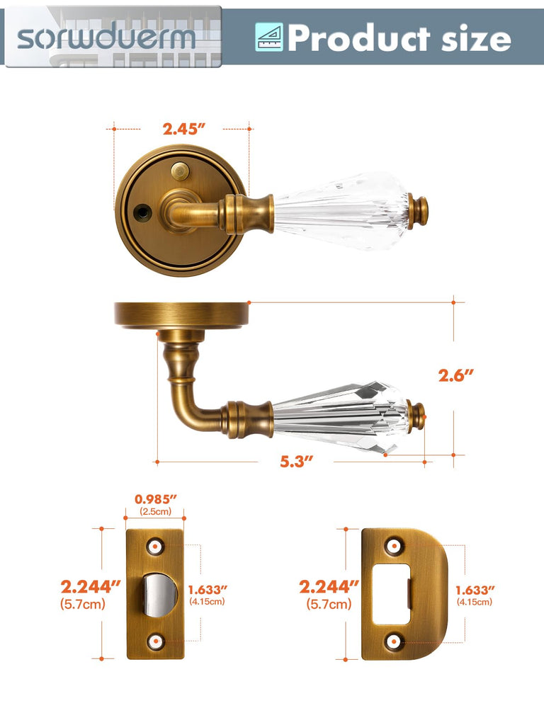 1 Pack Antique Brass Glass Door Lever Privacy Crystal Door Levers Door Lever Interior Door Handle ,Zinc Alloy