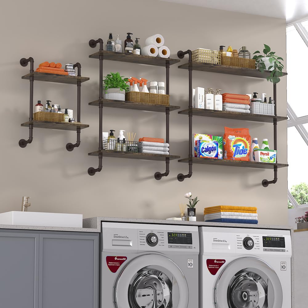 3 Tier Industrial Pipe Shelf Rustic Wood Floating Shelves, Wall Display Bookshelf, Storage Rack Sundries Holder Office