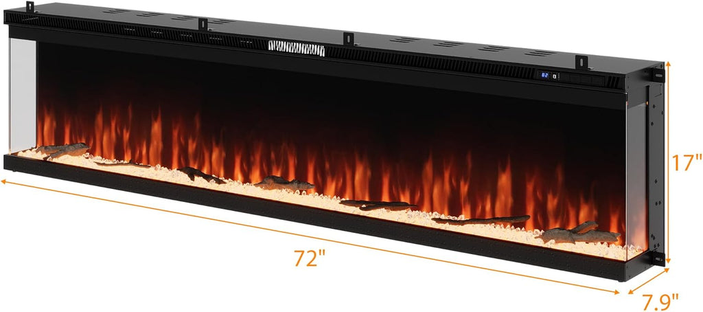 72”W 3-Sided Glass Electric Fireplace Insert, Recessed & Wall Mount Fireplace Heater with Remote, 8 H Timer